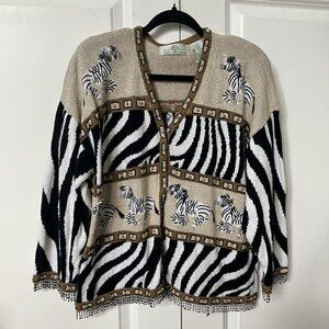Vintage Design options 3D Zebra Cardigan Womens L Animal Print Beaded Fringe